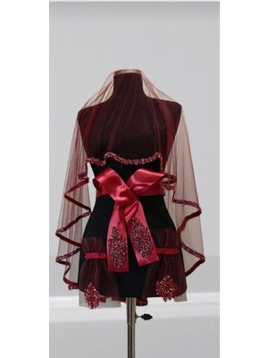 Evsay Inci Işlemeli Model Duvak Omuz Örtüsü, Kına Duvağı 4lü Set Gelin Duvağı Zarif Duvak Bordo