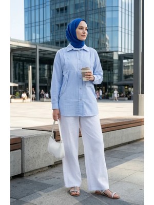 Sefa Merve Çizgili Düğmeli Gömlek 71414-03 Mavi