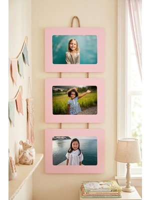 Studyo Plus 3'lü Ipli Ahşap Fotoğraf Çerçevesi – Çocuk & Bebek Odası Duvar Dekoru – 10X15 cm Yatay