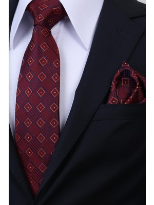 Esgue Hand Made 8 cm Ekose Desen Bordo Lacivert Renk Mendilli Kravat