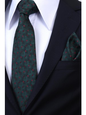 Esgue Hand Made 8 cm Geometrik Micro Desen Yeşil Kırmızı Renk Mendilli Kravat