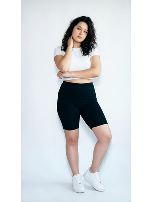 Hoxie Kadın Siyah Büyük Beden Yüksek Bel Dalgıç Kumaş Toparlayıcı Tayt Şort