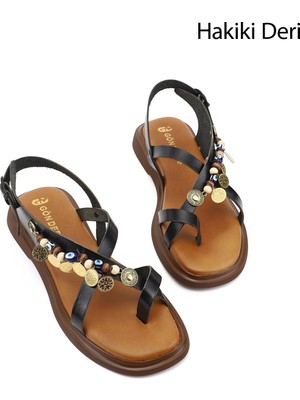 Gönderi(r) Kadın Siyah  Boncuklu Parmak Arası Hakiki Deri Sandalet