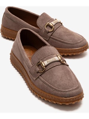 Ccway Kaydırmaz Kadın Tokalı Loafer Ayakkabı Vizon Süet
