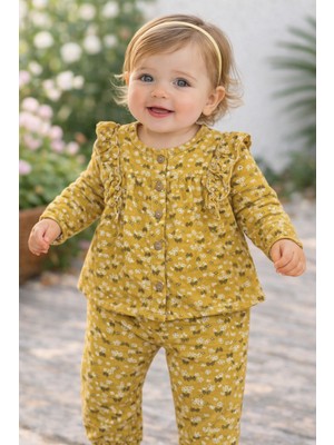 Bilge Trend Kız Bebek , Çocuk Müslin , Fırfırlı Önden Düğmeli 2 Parça Pamuklu Pijama Takımı