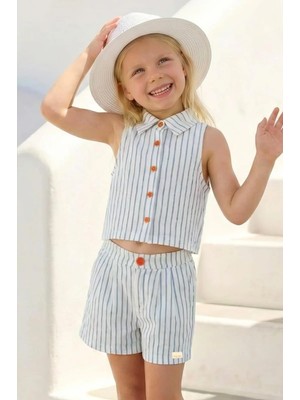 Queen Kids Kız Çocuk Gömlek Yaka Bluz ve Şort Takım Mavi