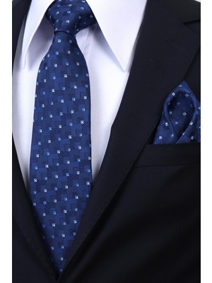 Esgue Hand Made 8 cm Geometrik Micro Desen Lacivert Mavi Renk Mendilli Kravat