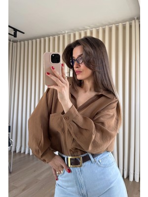 Sue Store Camel Oversize Modal Kumaş Gömlek