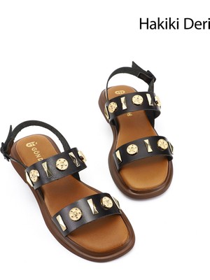 Gönderi(r) Kadın Siyah  Aksesuarlı Hakiki Deri Sandalet