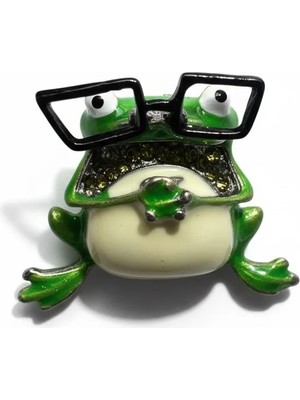 Cesicey Gözlüklü Kurbağa Broş Zirkon Taşlı Yeşil Renk