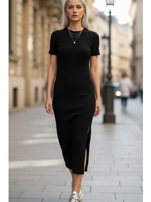 Mossta Bisiklet Yaka Yandan Yırtmaçlı Midi Viskon Elbise - Siyah