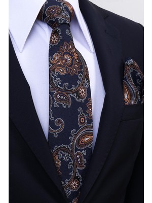 Esgue Hand Made 8 cm Şal Desen Lacivert Kiremit Renk Mendilli Kravat