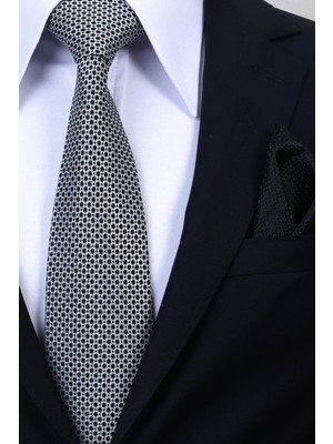 Esgue Hand Made 8 cm Desenli Siyah Beyaz Renk Mendilli Kravat