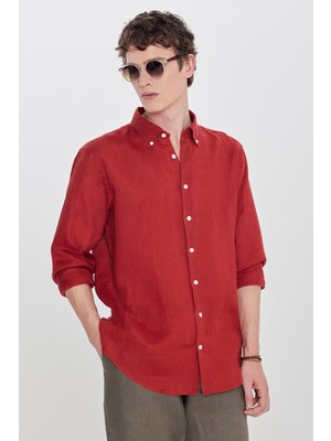 Altınyıldız Classics %100 Keten Comfort Fit Rahat Kesim Düğmeli Yaka Gömlek