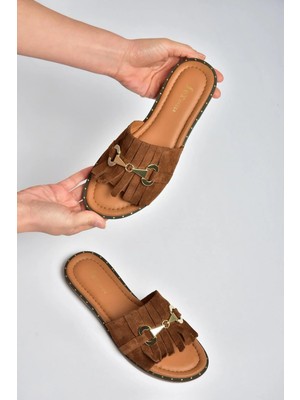 Fox Shoes Y291873002 Taba Hakiki Deri Süet Kadın Terlik