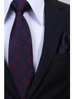 Esgue Hand Made 8 cm Retro Desen Lacivert Bordo Renk Mendilli Kravat