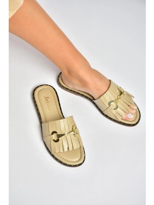 Fox Shoes Y291873003 Bej Hakiki Deri Kadın Terlik