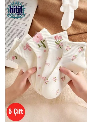 Hitit Socks Kadın 5 Çift Premium Karışık Çiçek Desenli Kısa Patik Çorap Bilek Çorabı Beyaz