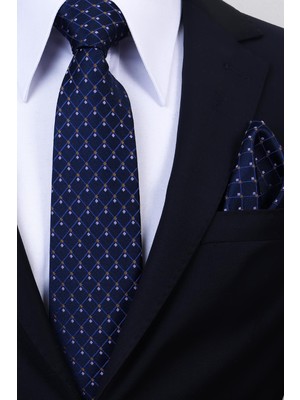 Esgue Hand Made 8 cm Ekose Nokta Desen Lacivert Renk Mendilli Kravat