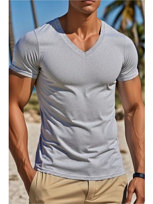 Tarz Cool Erkek %100 Pamuk V Yaka Slim Fit Dar Kesim Tişört