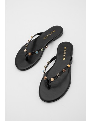 Marjin Kadın Parmak Arası Yuvarlak Burun Renkli Taşlı Günlük Terlik Selvera Siyah