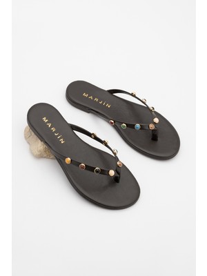 Marjin Kadın Parmak Arası Yuvarlak Burun Renkli Taşlı Günlük Terlik Selvera Kahve