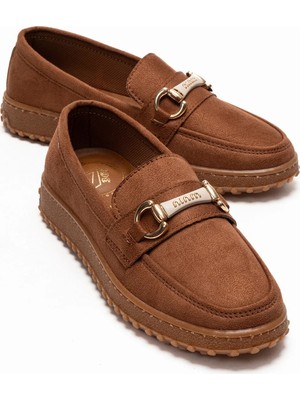Ccway Kaydırmaz Kadın Tokalı Loafer Ayakkabı Taba Süet