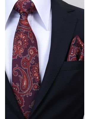 Esgue Hand Made 8 cm Şal Desen Bordo Kırmızı Renk Mendilli Kravat