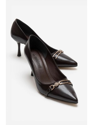 Ccway Kadın Inci Taşlı Sivri Burunlu Stiletto Ayakkabı Kahve Kırışık