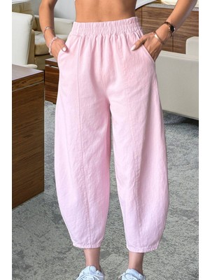 Nana & Mayka Moda Die&More Kadın Toz Pembe Şalvar Pantolon Salaş Dört Mevsim Rahat Pamuk Lastikli Bel Günlük Model Gabardin