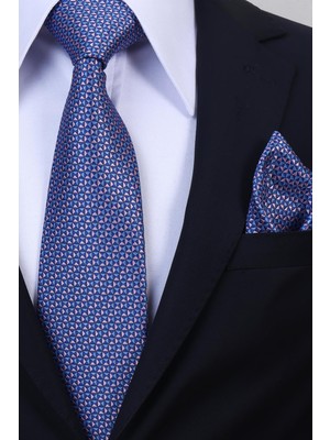 Esgue Hand Made 8 cm Geometrik Micro Desenli Pembe Mavi Renk Mendilli Kravat