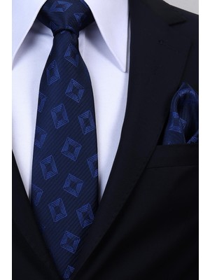 Esgue Hand Made 8 cm Retro Desen Lacivert Mavi Renk Mendilli Kravat