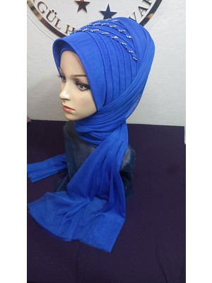Simsiz Saks Mavisi Üç Sıra Işlemeli Nuray Model Duvak,hazır Duvak,düğün,hazır Şal,hazır Türban,abiye Şal,sünnet,nişan,söz