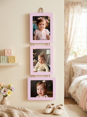 Studyo Plus 3’lü Ipli Ahşap Fotoğraf Çerçevesi 15X21 cm – 2 Dikey 1 Yatay – Bebek & Çocuk Odası Duvar Dekoru