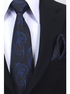 Esgue Hand Made 8 cm Şal Desen Siyah Lacivert-Kahve Renk Mendilli Kravat