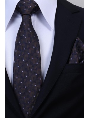 Esgue Hand Made 8 cm Geometrik Micro Desen Kahverengi Mor Renk Mendilli Kravat