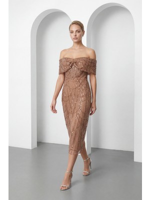 Lafaba Kadın Taba Kayık Yaka Boncuklu Midi Abiye Elbise