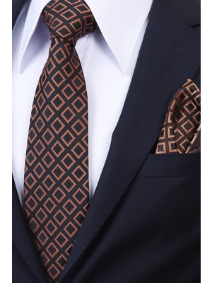 Esgue Hand Made 8 cm Ekose Desen Kiremit Siyah Renk Mendilli Kravat