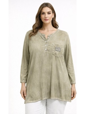 Rmg Arma Detaylı Büyük Beden Yıkamalı Bluz Haki