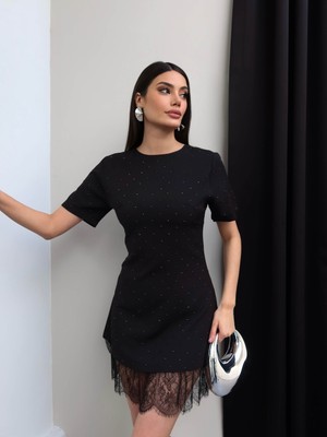 Esra Helvacı Taşlı Dantel Detay Mini Elbise