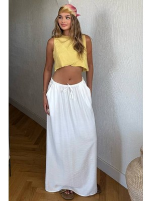 Nana & Mayka Moda Kadın Beyaz Uzun Etek Beli Lastikli Bağcıklı Maksi Boy Bol Tesettür Etek Pamuk Viskon Iç Göstermez Yazlık Ilkbahar S-M-L