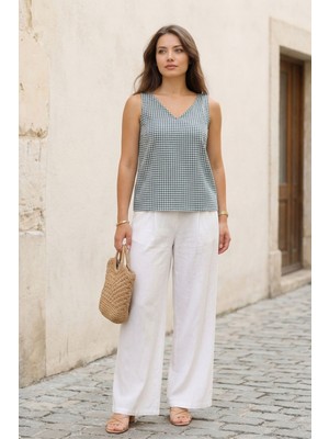 Lupinn Kadın Yeşil Ekose Desenli Askılı Bluz V Yaka Salaş Yazlık Rahat Kesim Tatil Kombinlik Şık Üst Bluz