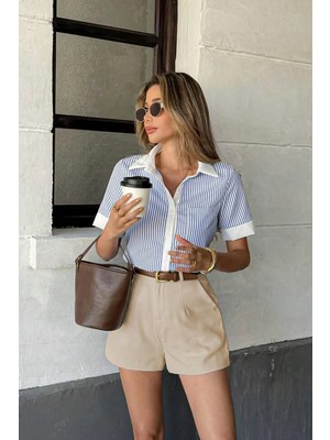 Madmext Bej Yüksek Bel Wed Leg Pileli Kadın Mini Şort MG2537