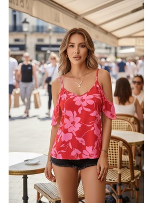 Mossta Ip Askılı Çiçek Desenli Süprem Bluz - Pembe