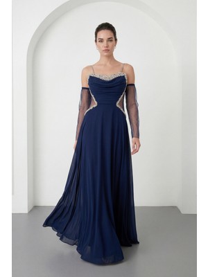 Lafaba Kadın Lacivert Taşlı Şifon Uzun Abiye Elbise