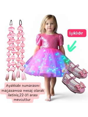 3b Kids Payetli Pembe Işıklı Elbise Kostüm + Pembe Bubble Saç + Pembe Topuklu Ayakkabı Seti Parti Bayram