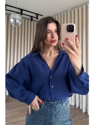 Sue Store Lacivert Oversize Modal Kumaş Gömlek