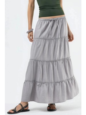 Hiccup Kadın Busem Yüksek Bel Dokulu A-Line Maxi Etek Gri