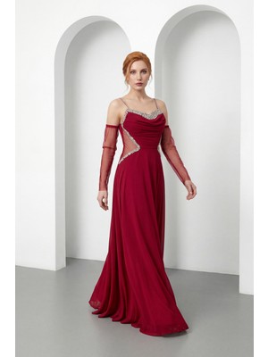 Lafaba Kadın Bordo Taşlı Şifon Uzun Abiye Elbise