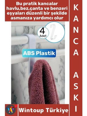 Wintoup #askı Montajsız Çok Amaçlı Küçük Eşya Havlu Çanta Mutfak Banyo Abs Sert Plastik Kanca Askı 4 Adet